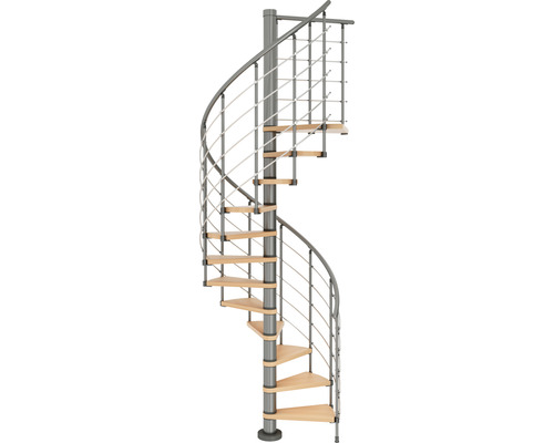 Scară spirală cu trepte din lemn și balustradă metalică
