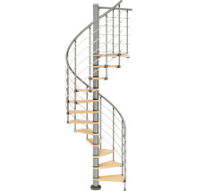 Scară spiralată cu trepte din lemn și balustradă metalică