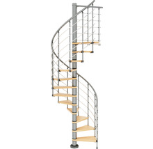 Scară spiralată cu trepte din lemn și balustradă metalică
