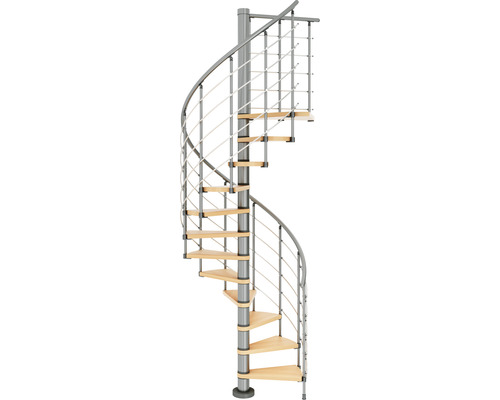 Scară spiralată cu trepte din lemn și balustradă metalică