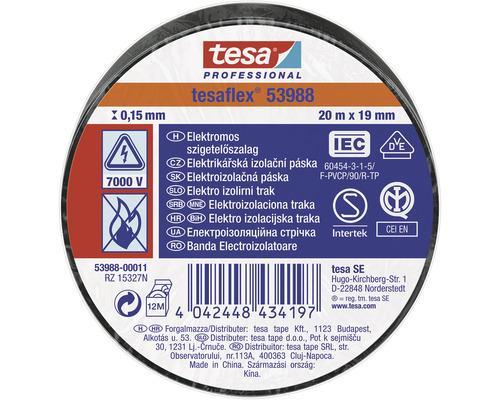 Bandă electroizolatoare tesa neagră 19 mm x 20 m Rola bandă izolatoare Tesa Professional Tesaflex 53988