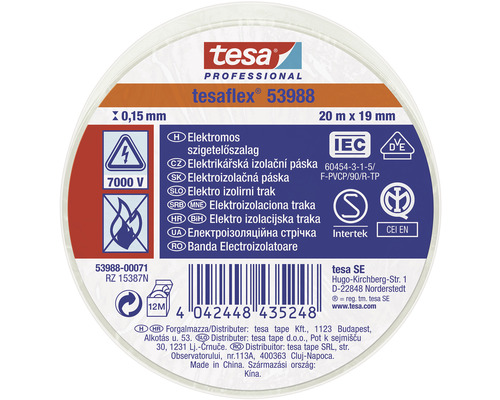 Bandă electroizolatoare tesa albă 19 mm x 20 m Bandă izolatoare Tesa Professional Tesaflex 53988, 20 metri x 19 milimetri