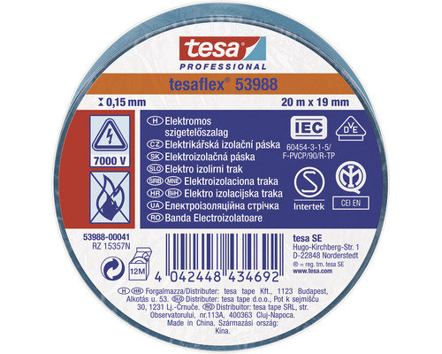 Bandă electroizolatoare tesa albastră 19 mm x 20 m Bandă izolatoare Tesa Tesaflex 53988, 20 m x 19 mm