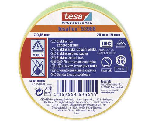 Bandă electroizolatoare tesa galben/verde 19 mm x 20 m Bandă electroizolatoare Tesa Professional Tesaflex 53988, 20 m x 19 mm