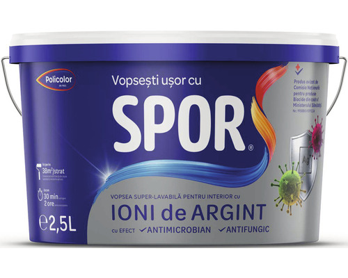 Vopsea superlavabilă pentru interior Spor cu ioni de argint albă 2,5 l