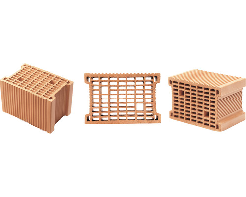 Trei cărămizi cu structură perforată în diferite vederi