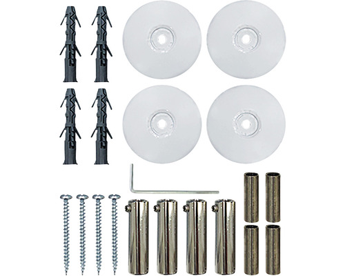 Material de fixare pentru montarea oglinzilor cu dibluri, șuruburi, șaibe, distanțiere și cheie imbus
