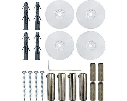 Set de fixare format din dibluri, șuruburi, șaibe, manșoane și unealtă de montaj