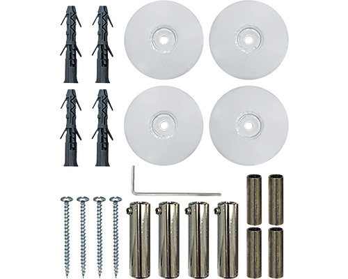 Set de fixare pentru rafturi de sticlă cu șuruburi, dibluri, distanțiere și cheie imbus