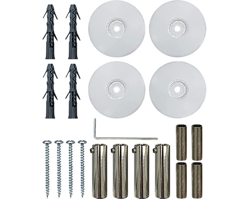 Set de fixare cu dibluri, șuruburi, distanțiere și capace