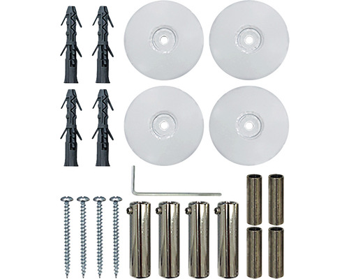 Set de fixare cu dibluri, șuruburi, șaibe, distanțiere și cheie imbus