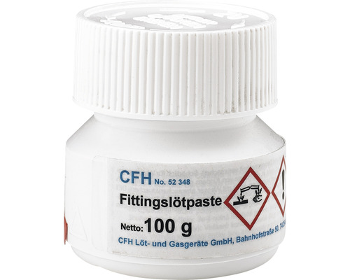 Pastă pentru lipire fitinguri & țevi de cupru CFH 100g CFH Pastă de lipit fitinguri, 100 grame, în recipient alb cu simboluri de avertizare