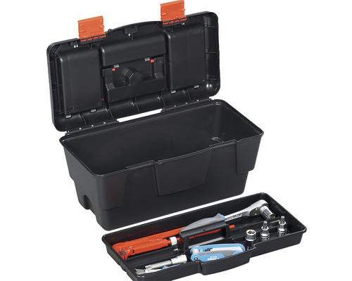 Cutie plastic pentru scule Port-Bag Ekono 19" 48x25,5x23 cm, închizători plastic Cutie de scule neagră deschisă cu scule