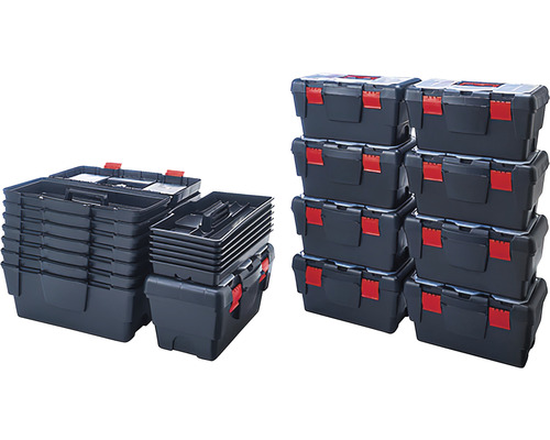 Mai multe cutii de scule din plastic, stivuite