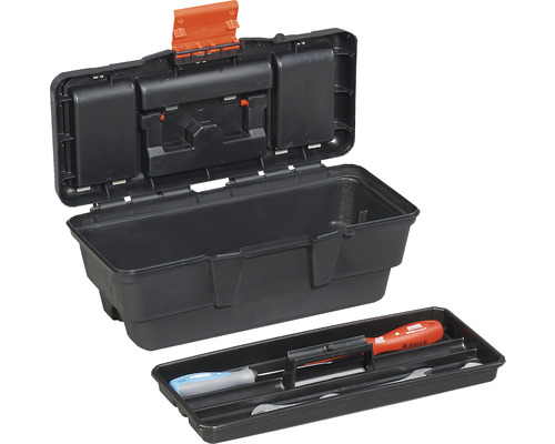 Cutie plastic pentru scule Port-Bag Ekono 13" 32x16x13 cm, închizători plastic Cutie de scule neagră deschisă cu scule în interior