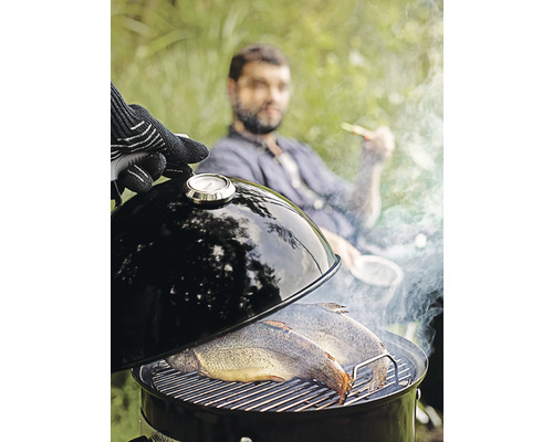 Pește pe un grătar cu cărbune cu termometru în grădină