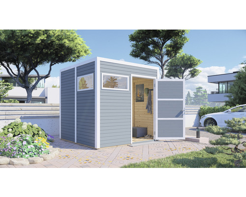 Cabină de grădină cu fereastră și ușă deschisă în grădină