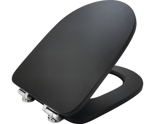 Scaun de toaletă negru cu formă pătrată și balamale cromate