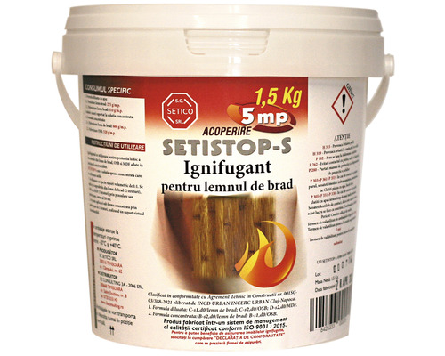 Ignifugant pentru lemn de brad Setistop-S 1,5 kg Recipient cu substanță ignifugă pentru lemn, greutate 1,5 kilograme