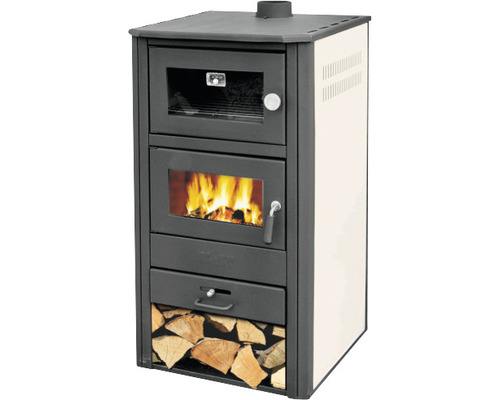 Șemineu pe lemne cu compartiment de coacere, focar, sertar și compartiment de depozitare a lemnului