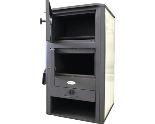 Sobă pe lemne cu ușa deschisă