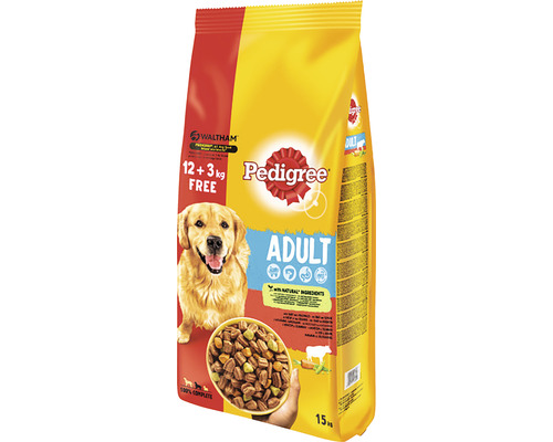 Hrană uscată pentru câini Pedigree Adult cu vită și legume 12+3 kg