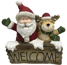 Figurină decorativă cu Moș Crăciun, ren și mesaj de bun venit