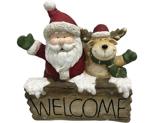 Figurină decorativă cu Moș Crăciun, ren și mesaj de bun venit