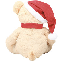 Ursuleț de pluș cu căciulă de Moș Crăciun și fular, vedere din spate