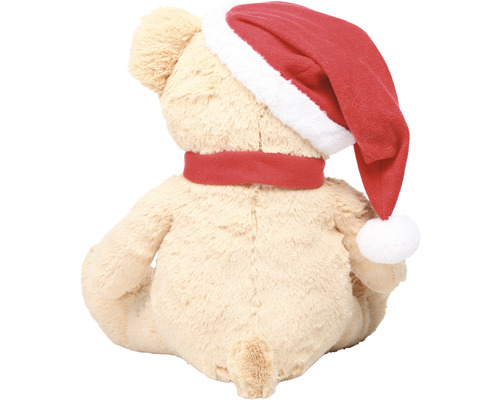 Ursuleț de pluș cu căciulă de Moș Crăciun și fular, vedere din spate