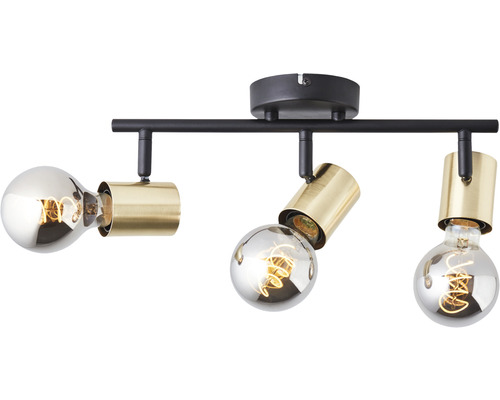 Lumină de tavan cu trei spoturi, socluri aurii și becuri rotunde
