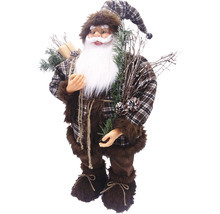 Figurină decorativă Moș Crăciun cu haină și căciulă în carouri, crenguțe de brad și cadou