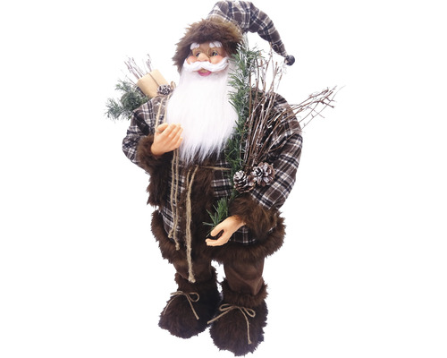 Figurină decorativă Moș Crăciun cu haină și căciulă în carouri, crenguțe de brad și cadou
