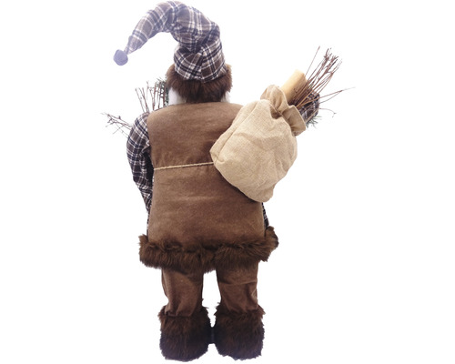 Figurină decorativă Moș Crăciun cu pălărie în carouri și sac