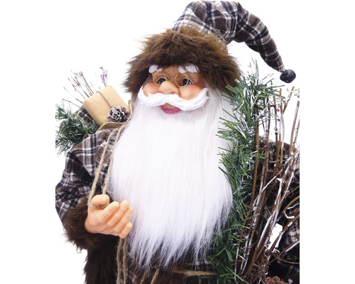 Moș Crăciun decorativ cu pălărie în carouri, barbă și decorațiuni