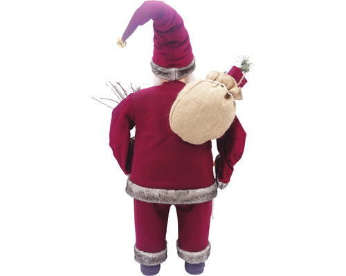 Vedere din spate a unei figurine Moș Crăciun cu sac și căciulă ascuțită