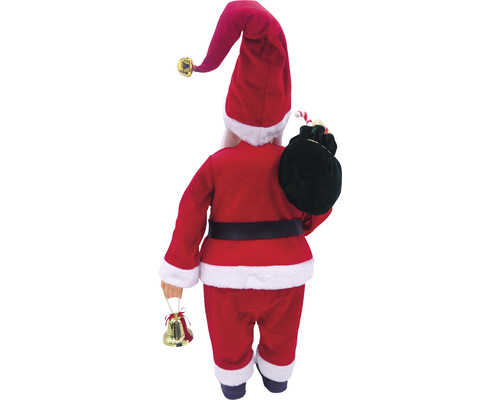 Vedere din spate a unei figurine Moș Crăciun cu costum roșu, căciulă și sac de cadouri