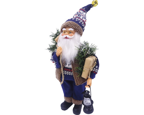 Figurină decorativă Moș Crăciun cu căciulă, barbă, lanternă și cadou