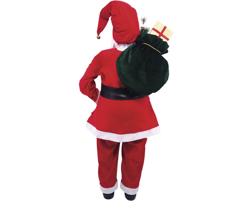 Vedere din spate a unui costum de Moș Crăciun cu căciulă, jachetă, pantaloni și sac de cadouri