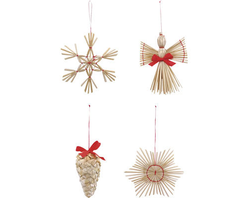 Set de decorațiuni de brad din paie, constând dintr-o stea, un înger și un con