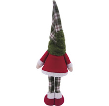 Decorațiune de Crăciun: păpușă din material textil cu pălărie în carouri și rochie roșie