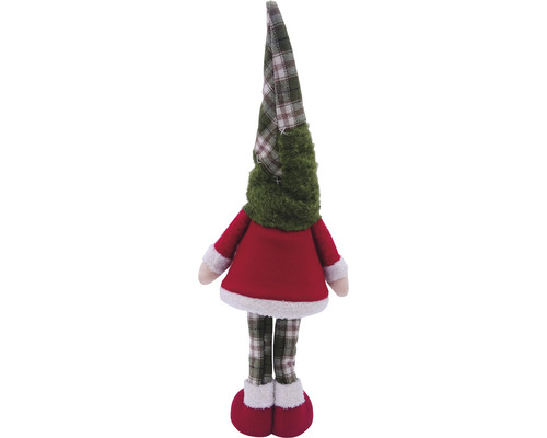 Decorațiune de Crăciun: păpușă din material textil cu pălărie în carouri și rochie roșie