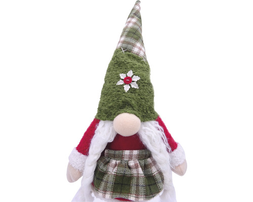 Gnom decorativ cu pălărie și fustă în carouri ca decor de Crăciun