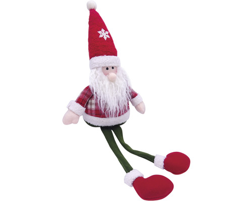 Moș Crăciun decorativ de așezat cu căciulă roșie, partea de sus în carouri, barbă albă și picioare lungi