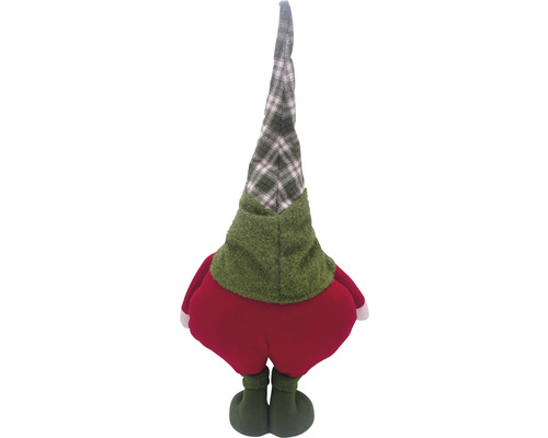 Gnom decorativ de Crăciun cu pălărie în carouri, jachetă verde și pantaloni roșii, văzut din spate.