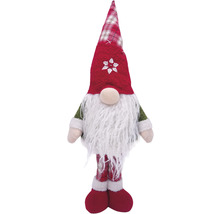 Figurină decorativă de spiriduș de Crăciun cu căciulă în carouri, barbă și picioare mari.