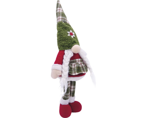 Figurină decorativă de Crăciun în design de pitic cu căciulă, rochie și coadă împletită
