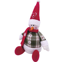 Om de zăpadă decorativ cu haină în carouri, căciulă roșie și fular, ca decorațiune de Crăciun