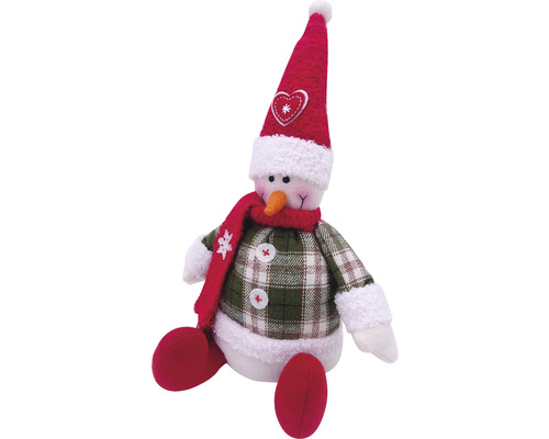 Om de zăpadă decorativ cu haină în carouri, căciulă roșie și fular, ca decorațiune de Crăciun