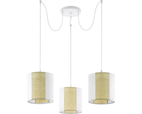 Lumină suspendată cu trei lămpi, abajururi textile cu model